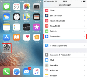 Screenshot iPhone - Menüpunkt Datenschutz